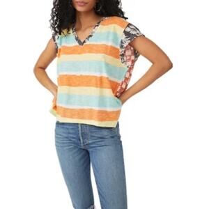 Free People Boho Dolman Mixed Print Cotton V-NeckT-Shirt. XS